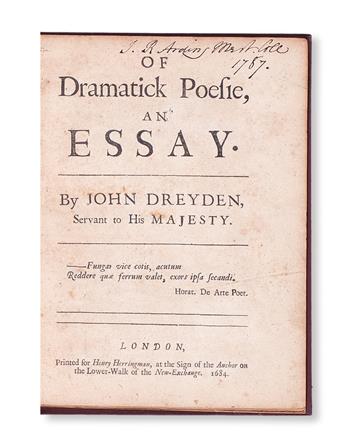 DRYDEN, JOHN.  Of Dramatick Poesie, An Essay.  1684